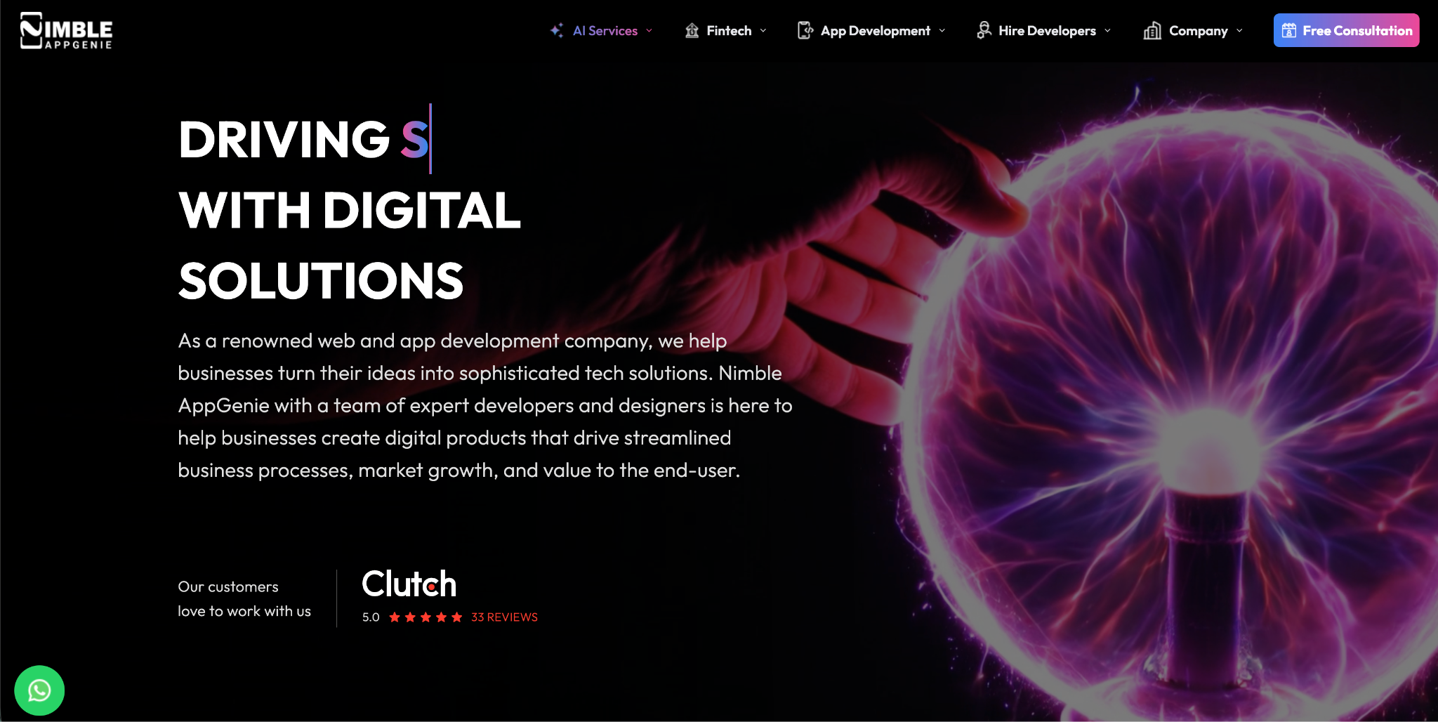 Nimble AppGenie website homepage: "Driving Success with Digital Solutions", with a hand touching a plasma ball and a 5.0 Clutch rating.