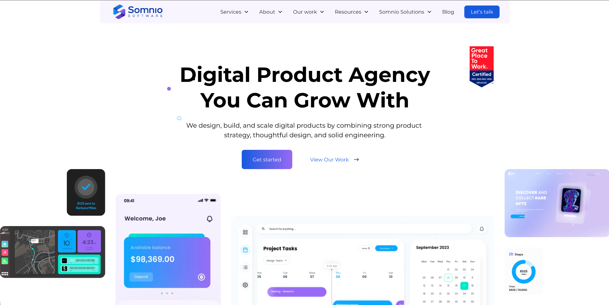 Somnio Software homepage: "Digital Product Agency You Can Grow With", above mock-ups of banking, task and fitness app screens.