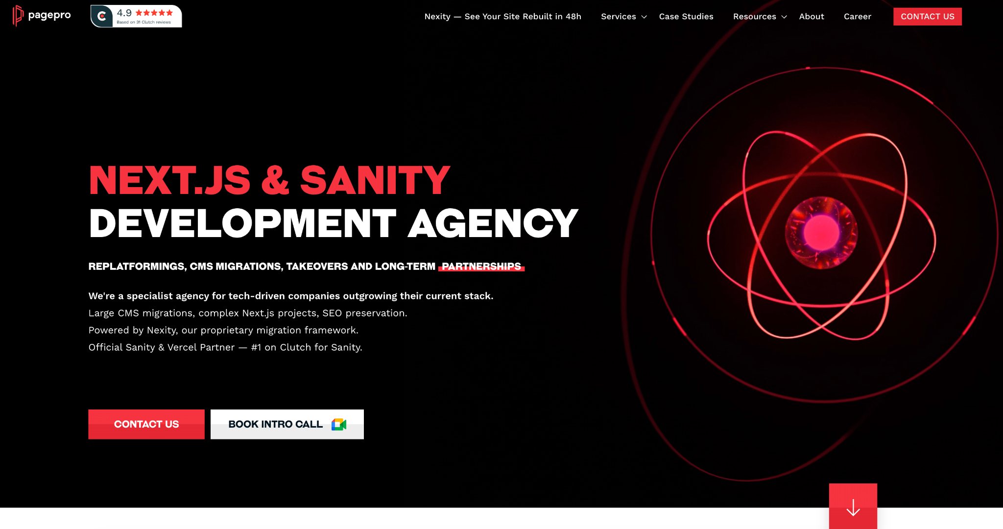 Pagepro website homepage: "Next.js & Sanity Development Agency" for replatformings and CMS migrations, with a glowing red atom graphic.