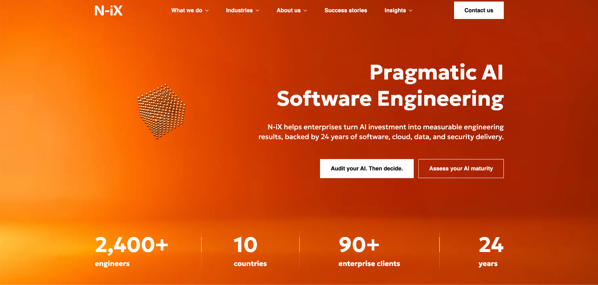 N-iX website homepage on orange: "Pragmatic AI Software Engineering", with 2,400+ engineers, 10 countries and 90+ enterprise clients.