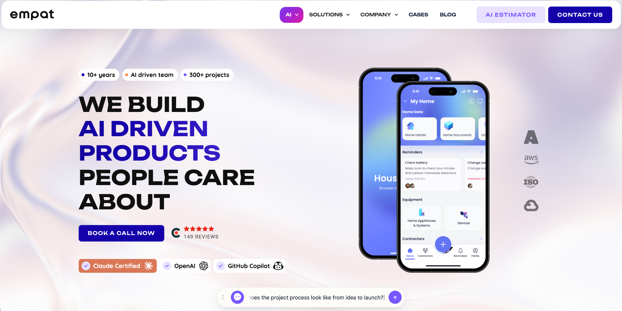 Empat website homepage: "We build AI driven products people care about", with smart-home app mock-ups and 300+ projects noted.
