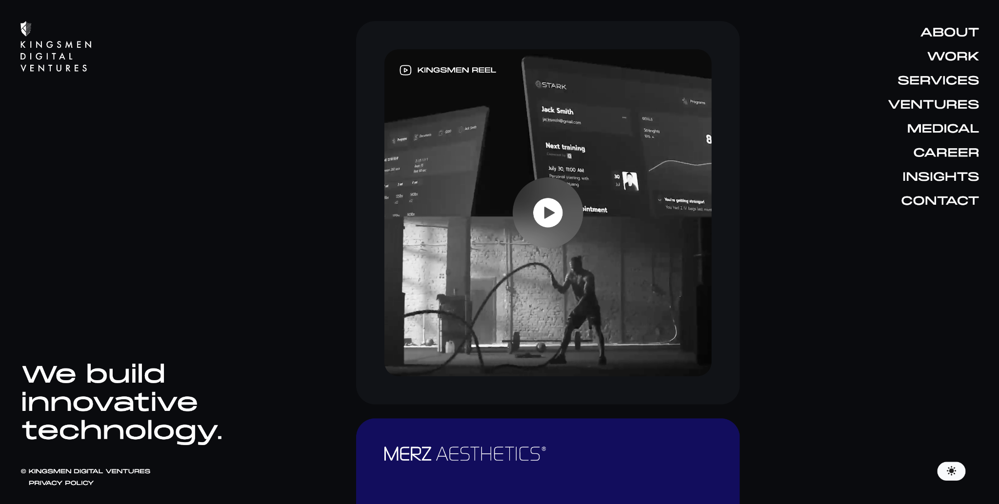 Kingsmen Digital Ventures homepage: "We build innovative technology", with a showreel video of a fitness app and training footage.