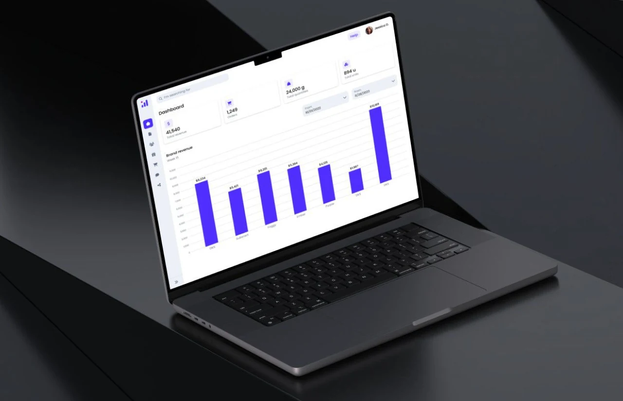 Laptop showing the inventory dashboard: total SKUs, stores and orders at the top, with a weekly revenue chart across the marketplace below