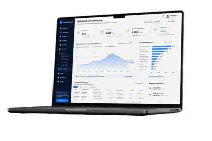 Laptop showing the LeadScore AI model health screen with 85% model accuracy, ROC-AUC 0.89, a model-drift chart and a top-feature-importance list