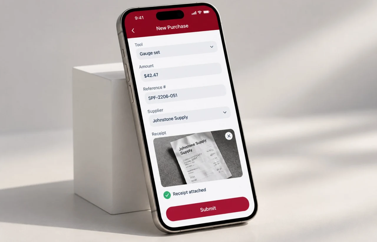 Phone showing a new purchase form: tool, amount, reference number and supplier, with a photo of the receipt attached and confirmed before the submit button