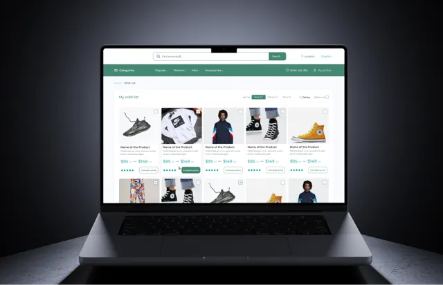 Online Shop marketplace wish list on a laptop, showing product cards with prices and a price-comparison button