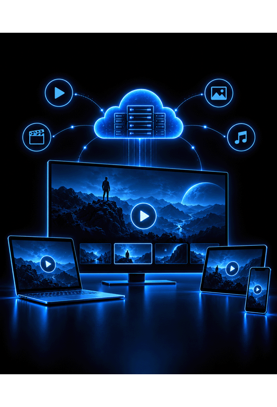 A glowing blue cloud holding rows of server racks sits at the centre of a dark scene, joined by dotted lines to four outlined circles — a play button, a photograph, a film clapperboard and a musical note. Below it a large screen shows a figure standing on a rocky ridge beneath a huge moon, with a play button over the picture and a row of smaller frames from the same scene beneath; a laptop, a tablet and a phone around it show the same view.