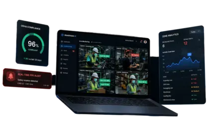 Laptop showing the ShieldVision AI live monitoring grid with hard hat and mask detections boxed in green, beside an OSHA compliance gauge at 96% and a real-time PPE alert