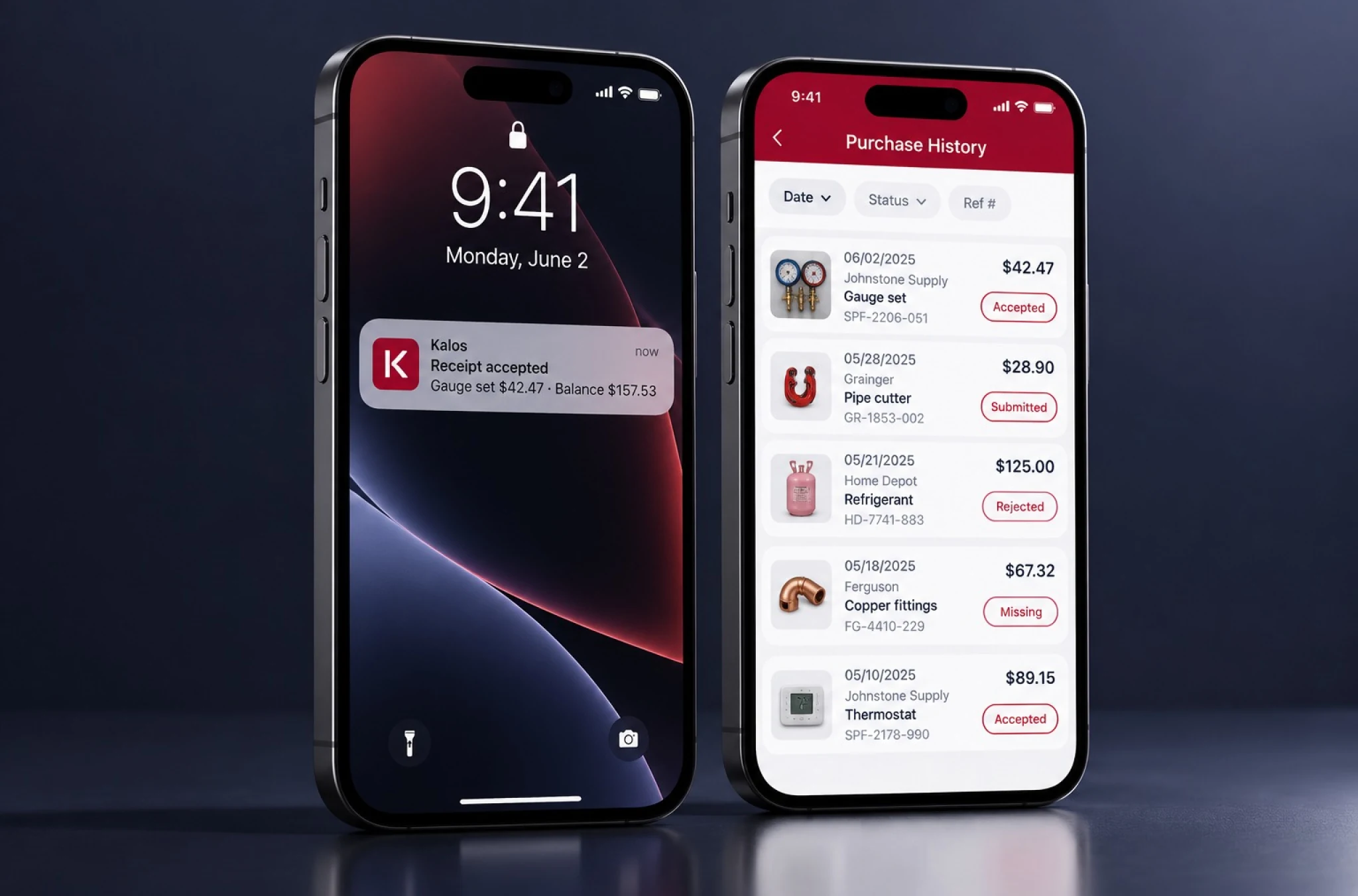 Two phones: a lock screen with a push notification that a receipt was accepted and the new balance, and the purchase history list with supplier, item, amount and status for each entry