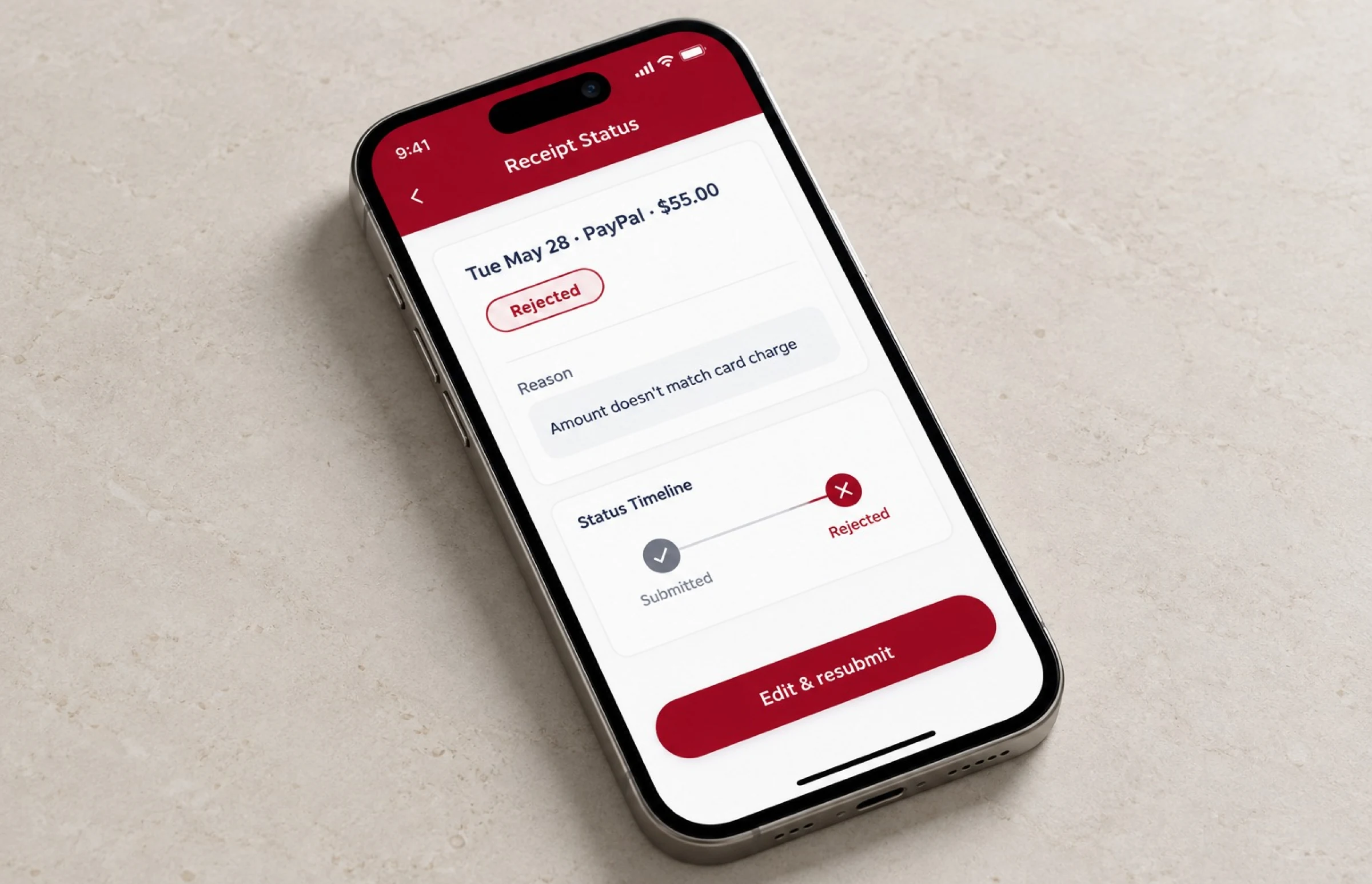 Phone showing a rejected receipt: date, payment method and amount at the top, the reason for rejection, a status timeline from submitted to rejected, and an edit and resubmit button