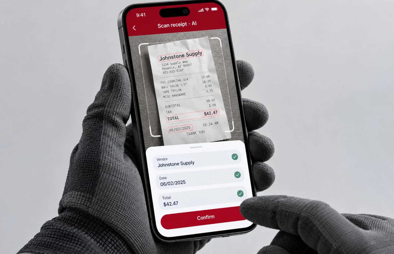 Gloved hands holding a phone that scans a paper receipt: the vendor, date and total are highlighted on the photo and filled into the form below, ready to confirm