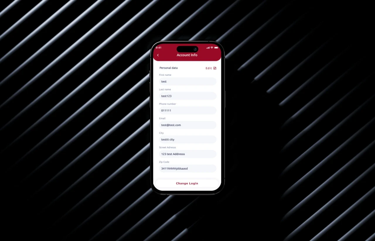 Phone on a dark background showing the account screen: first and last name, phone, email, city, street address and zip code, each editable, with a change login button at the bottom
