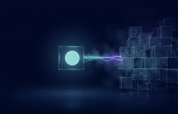Glowing node connected by light beams to a grid of wireframe cubes, illustrating AI being integrated into existing enterprise systems.