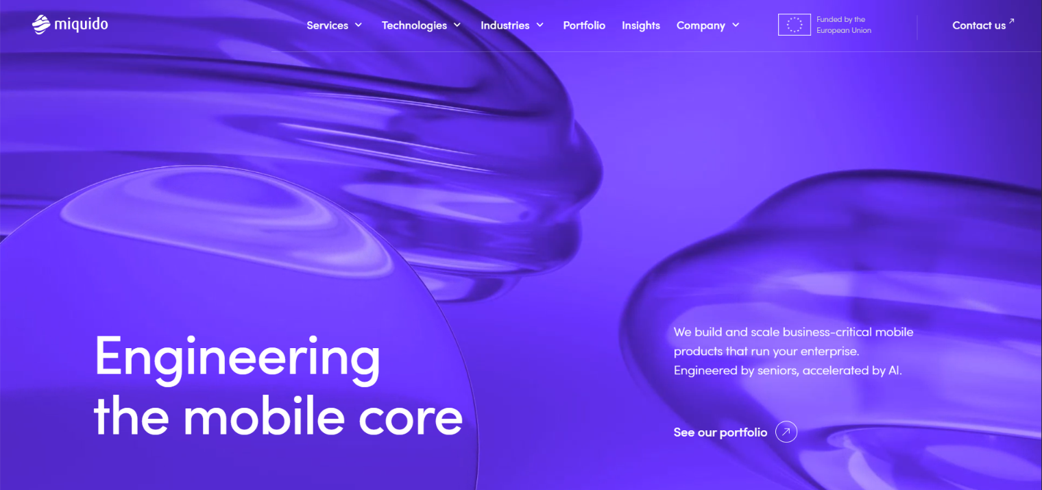 Miquido homepage headlined Engineering the mobile core, for business-critical mobile products engineered by seniors and accelerated by AI.