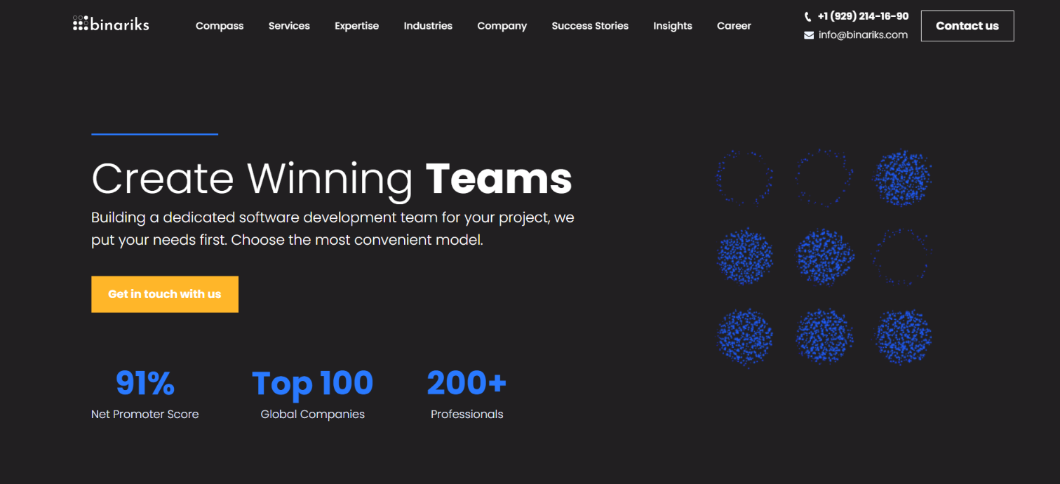 Binariks homepage: Create Winning Teams, showing a 91% Net Promoter Score, Top 100 Global Companies and 200+ professionals.