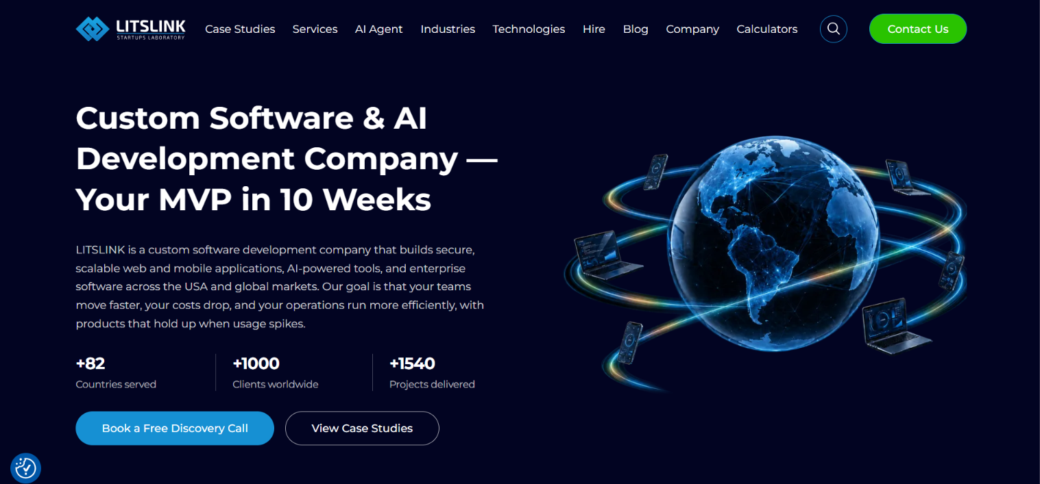 LITSLINK homepage: Custom Software & AI Development Company, Your MVP in 10 Weeks, with 82 countries served and 1540 projects delivered.