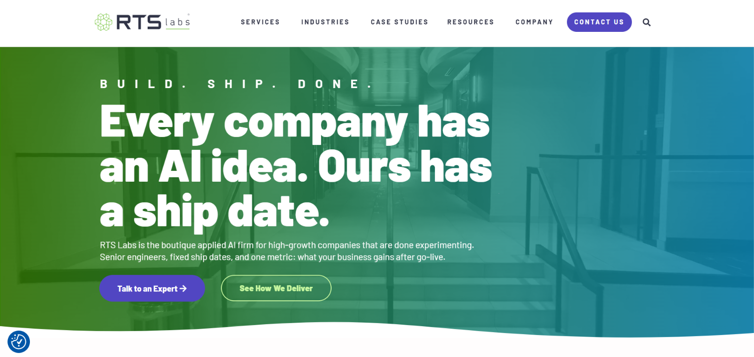 RTS Labs homepage with the headline Every company has an AI idea. Ours has a ship date, describing applied AI delivery on fixed ship dates.