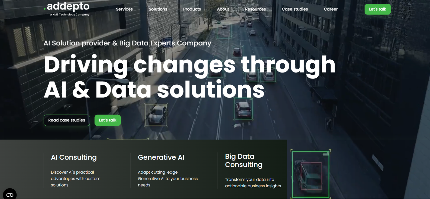 Addepto homepage: AI Solution provider and Big Data Experts Company, listing AI Consulting, Generative AI and Big Data Consulting services.