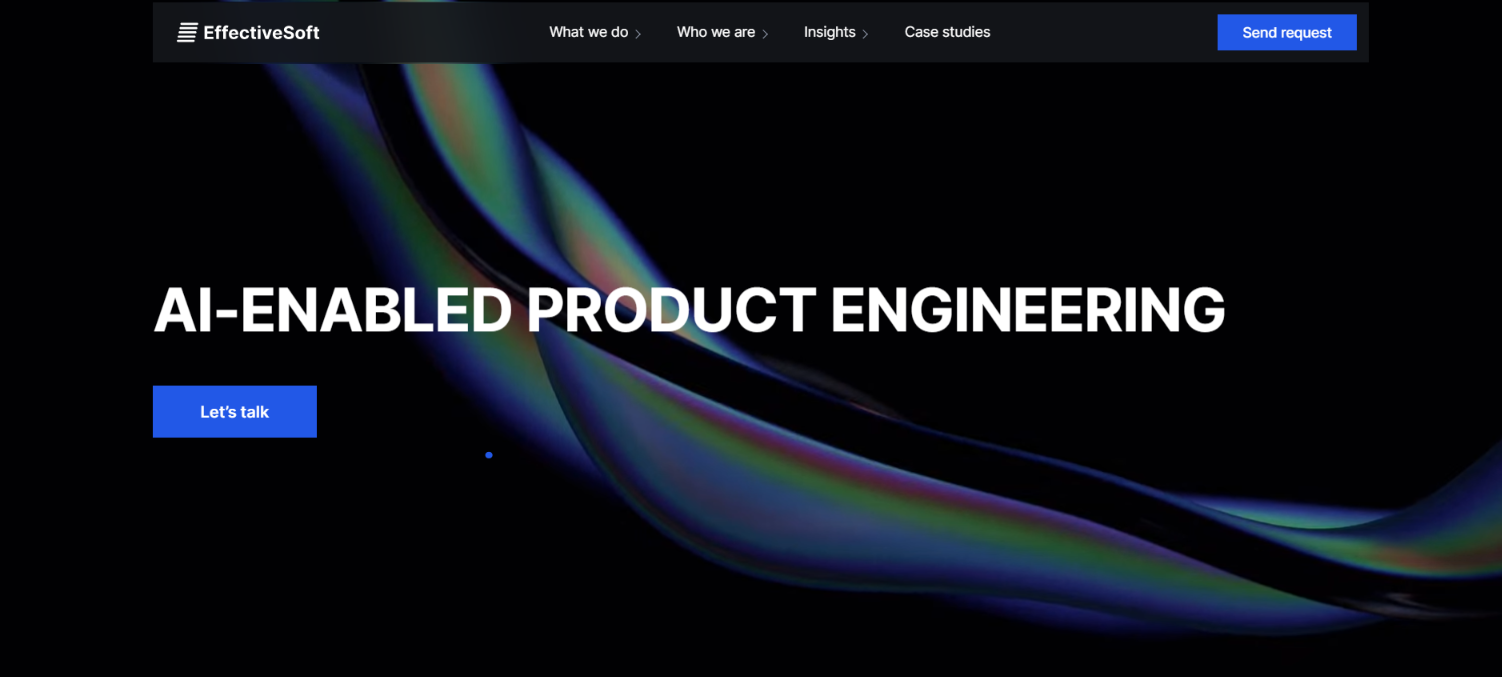 EffectiveSoft homepage with the headline AI-Enabled Product Engineering over a dark abstract background.