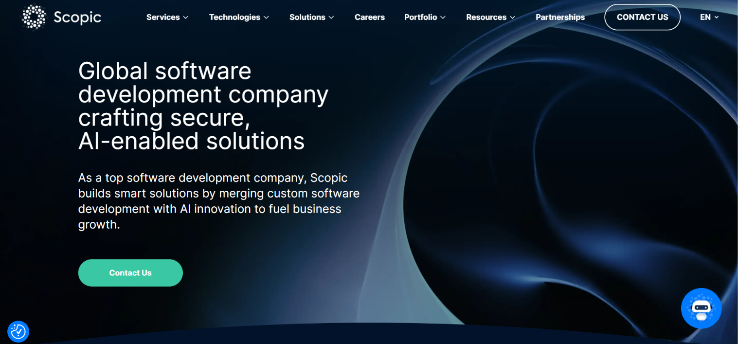 Scopic homepage: global software development company crafting secure, AI-enabled solutions.