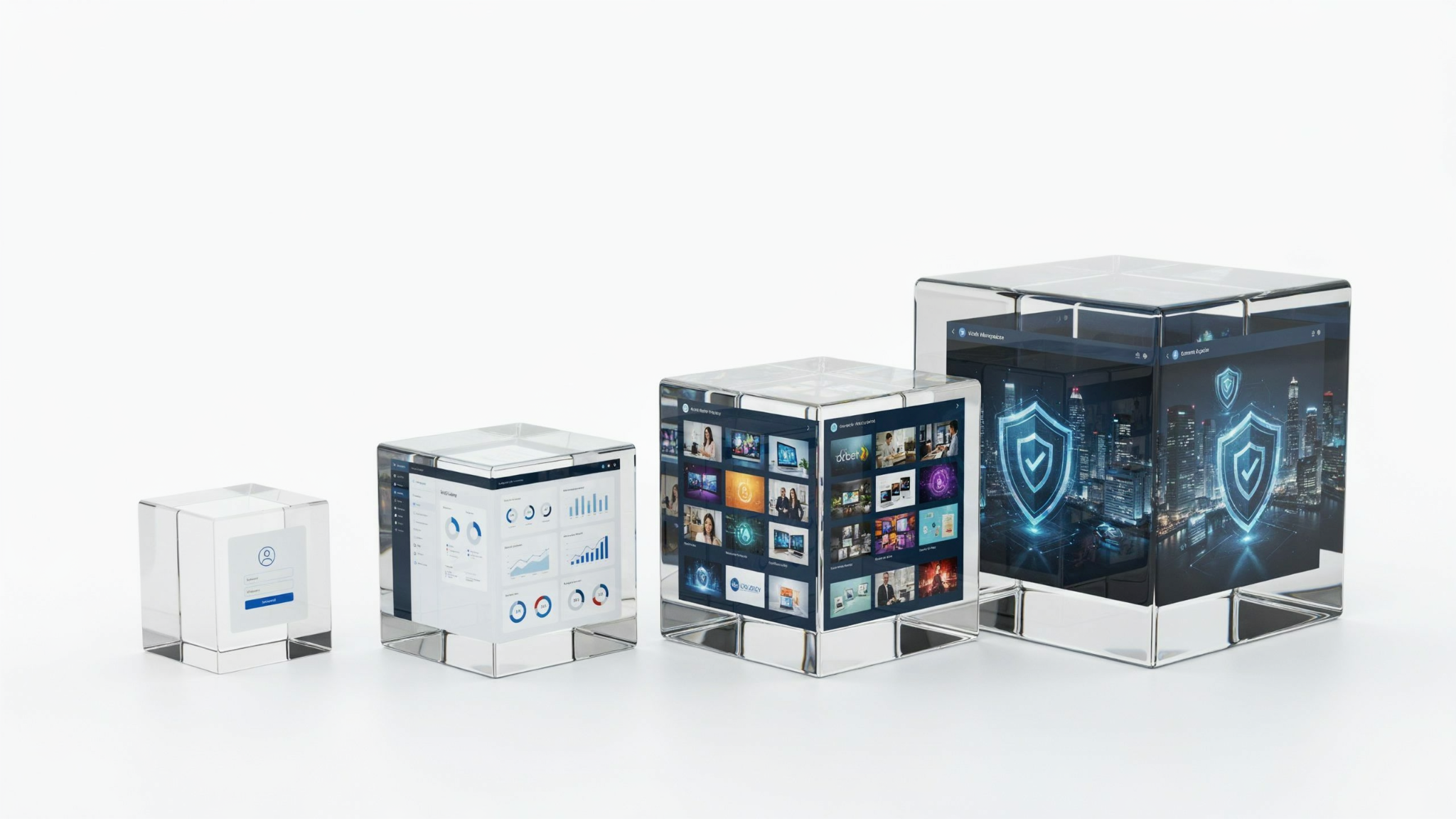 Four glass cubes of growing size showing web apps from a simple login screen to a dashboard, a media platform and a secure enterprise app