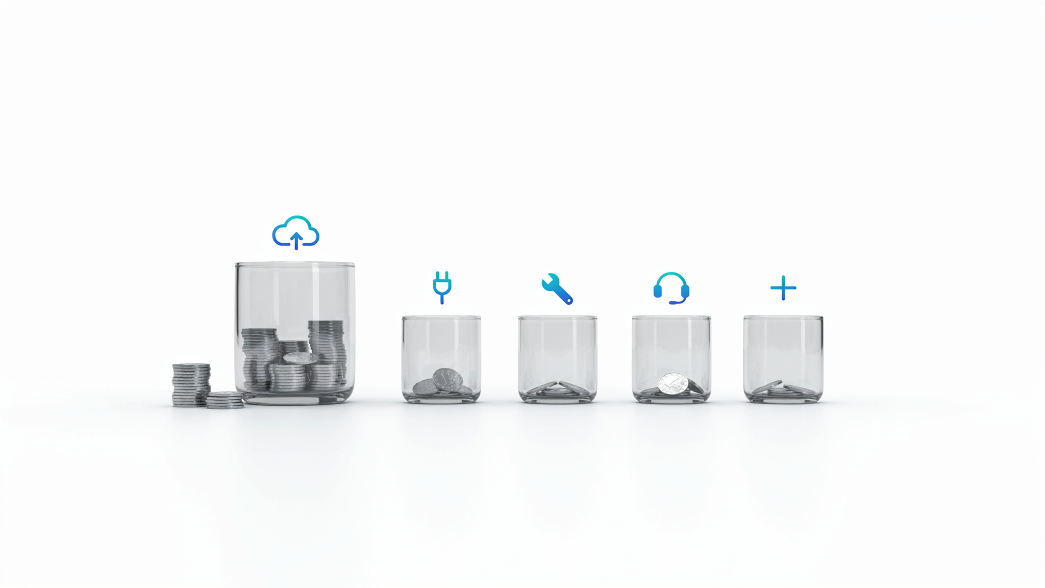 Glass jars of coins labeled with icons for hosting, integrations, maintenance, support and new features, showing ongoing web app costs