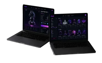 Two laptops showing the PlayC web3 chess game: a dark board with a glowing knight piece, and the NFT collection screen with chess piece variants