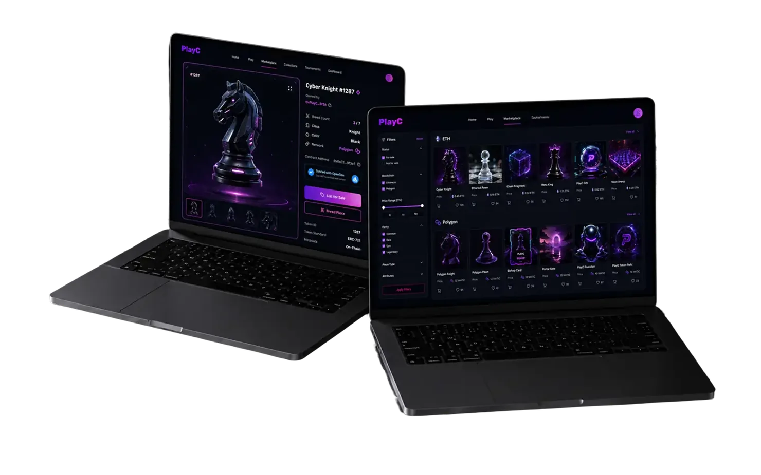 Two laptops showing the PlayC web3 chess game: a dark board with a glowing knight piece, and the NFT collection screen with chess piece variants