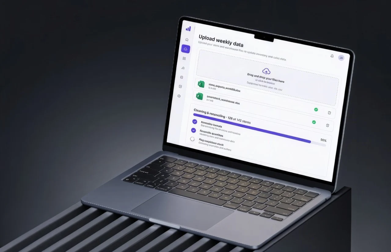 Laptop showing the weekly upload screen: store and warehouse export files attached, with cleaning and reconciling running across 142 stores and suspicious stock being flagged